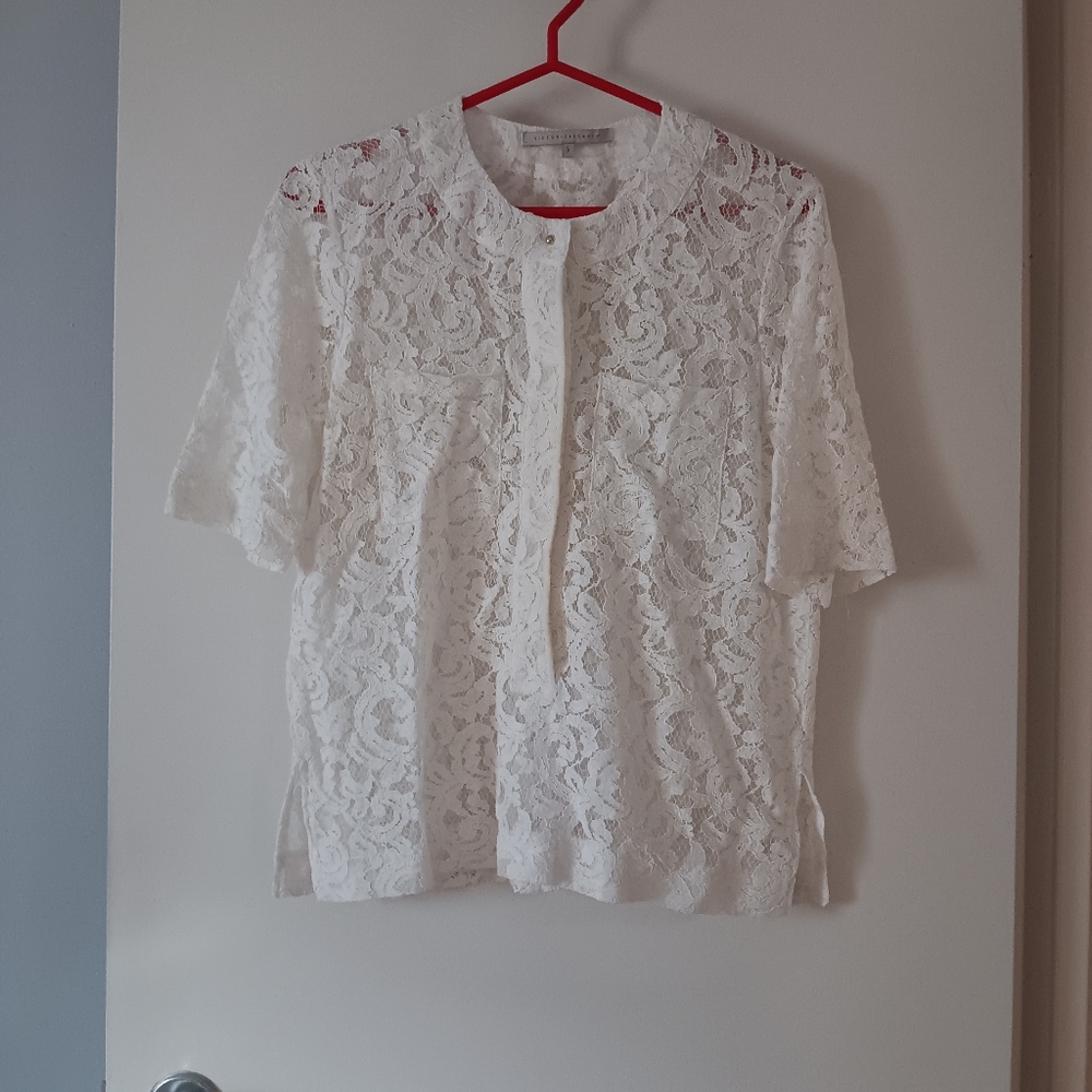 VICTORIA BECKHAM Cream Lace Short Sleeve Blouse 3 M